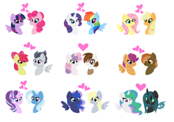 Size: 6520x4576 | Tagged: safe, artist:mississippikite, derpibooru import, apple bloom, applejack, button mash, derpy hooves, fluttershy, pinkie pie, pipsqueak, princess celestia, princess luna, queen chrysalis, rainbow dash, rarity, rumble, scootaloo, starlight glimmer, sweetie belle, trixie, twilight sparkle, twilight sparkle (alicorn), alicorn, changeling, changeling queen, earth pony, pegasus, pony, unicorn, absurd resolution, appleshy, chryslestia, female, lesbian, lunaderp, male, mane six, raridash, rumbloom, scootamash, shipping, simple background, startrix, straight, sweetiesqueak, twinkie, white background