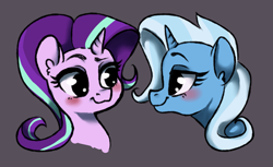 Size: 1791x1095 | Tagged: safe, artist:whale, derpibooru import, starlight glimmer, trixie, pony, unicorn, blushing, bust, digital art, ear fluff, female, gray background, lesbian, looking at each other, portrait, raised eyebrow, shipping, simple background, smiling, startrix