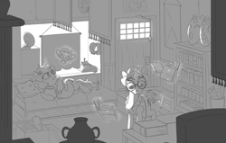 Size: 2902x1842 | Tagged: safe, artist:mellowhen, oc, oc only, oc:syntax, oc:tough cookie, pony, unicorn, antique shop, book, bookshelf, chubby, clothes, cookie, cookie jar, female, food, glasses, hat, male, mare, monochrome, plump, relics, shop, sofa, stallion, tapestry, vase, vest