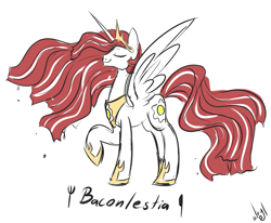 Size: 1093x900 | Tagged: safe, artist:atryl, princess celestia, alicorn, pony, bacon, bacon hair, baconlestia, solo, transformation