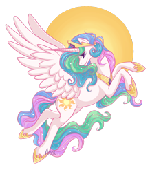 Size: 1280x1466 | Tagged: safe, artist:noxxplush, princess celestia, alicorn, pony, female, flying, horn, mare, multicolored mane, solo, white coat