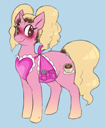 Size: 559x678 | Tagged: safe, artist:cottoncloudy, oc, oc only, oc:spunky brew, pony, unicorn, apron, barista, blue background, blushing, chubby, cis, cis girl, clothes, curly hair, female, hair dye, heart, mare, polyamorous, simple background, solo, spoon