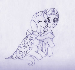 Size: 900x837 | Tagged: safe, artist:kaikaku, derpibooru import, starlight glimmer, trixie, pony, unicorn, female, happy, hug, lesbian, shipping, sketch, smiling, startrix, traditional art