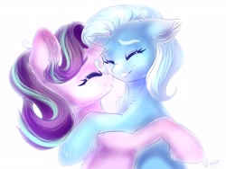 Size: 2560x1920 | Tagged: safe, artist:vincher, derpibooru import, starlight glimmer, trixie, pony, unicorn, cheek fluff, chest fluff, cute, diatrixes, ear fluff, eyes closed, female, fluffy, glimmerbetes, happy, hug, lesbian, nuzzling, shipping, shoulder fluff, signature, simple background, smiling, startrix, unshorn fetlocks, white background