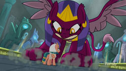 Size: 1920x1080 | Tagged: safe, screencap, somnambula, sphinx (character), pegasus, pony, sphinx, daring done?, angry, discovery family logo, egyptian, eye contact, female, frown, glare, gritted teeth, looking at each other, macro, mare, sharp teeth, size difference, spread wings, statue