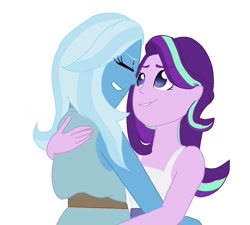 Size: 1000x900 | Tagged: safe, artist:doodledonut, derpibooru import, starlight glimmer, trixie, equestria girls, female, hug, lesbian, shipping, smiling, startrix