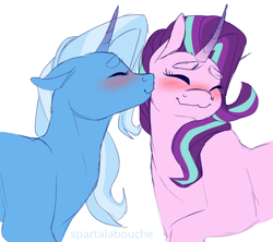 Size: 1280x1135 | Tagged: safe, artist:spartalabouche, derpibooru import, starlight glimmer, trixie, pony, unicorn, blushing, female, kissing, lesbian, mare, shipping, smooch, startrix