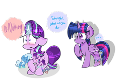 Size: 3000x2000 | Tagged: safe, artist:lynchristina, derpibooru import, starlight glimmer, trixie, twilight sparkle, twilight sparkle (alicorn), alicorn, pony, female, lesbian, shipping, simple background, startrix, toy, transparent background