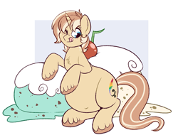 Size: 1039x819 | Tagged: safe, artist:lulubell, oc, oc only, oc:lulubell, unicorn, ;p, belly, belly button, big belly, chubby, commission, cute, female, food, freckles, ice cream, mare, one eye closed, tongue out, ych result