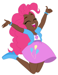 Size: 790x1011 | Tagged: safe, artist:incendiaryboobs, pinkie pie, human, equestria girls, belt, boots, bracelet, chubby, clothes, dark skin, eyes closed, female, happy, humanized, jacket, jewelry, open mouth, shirt, shoes, simple background, skirt, solo, t-shirt, transparent background, wristband