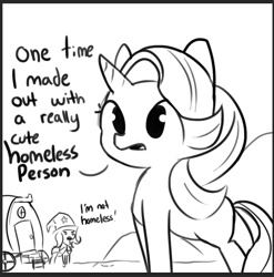 Size: 851x863 | Tagged: safe, artist:tjpones, derpibooru import, starlight glimmer, trixie, pony, unicorn, black and white, confession, dialogue, female, grayscale, homeless, lesbian, missing cutie mark, monochrome, pony confession, shipping, startrix, trixie is poor, trixie's wagon