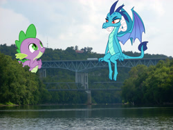 Size: 2000x1500 | Tagged: safe, artist:theotterpony, princess ember, spike, dragon, bridge, irl, kentucky, macro, photo, ponies in real life, sitting, story included