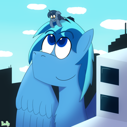 Size: 2000x2000 | Tagged: safe, artist:b-cacto, oc, oc only, oc:b.b., oc:umami stale, pony, building, city, cloud, giant pony, macro, size comparison, sky, wat