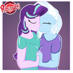 Size: 1280x1280 | Tagged: safe, alternate version, artist:ribiruby, derpibooru import, starlight glimmer, trixie, equestria girls, big breasts, breasts, clothes, eyes closed, female, kissing, lesbian, shipping, shirt, starlight jiggler, startrix, symmetrical docking, titsie