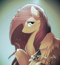 Size: 1008x1080 | Tagged: safe, artist:antiander, artist:shawnyall, edit, fluttershy, bird, pegasus, pony, solo, twig