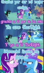 Size: 575x960 | Tagged: safe, derpibooru import, starlight glimmer, thorax, trixie, twilight sparkle, changeling, pony, unicorn, comic, female, lesbian, shipping, silhouette, spanish, startrix, translated in the description, twistarlight, twixie