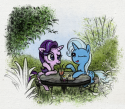 Size: 800x698 | Tagged: safe, artist:hewison, derpibooru import, starlight glimmer, trixie, pony, unicorn, book, drink, female, garden, lesbian, mare, one eye closed, shipping, sitting, startrix, table, tree, wink