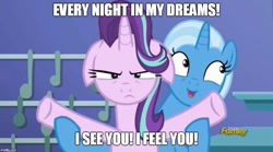 Size: 901x500 | Tagged: safe, derpibooru import, edit, edited screencap, screencap, starlight glimmer, trixie, pony, unicorn, all bottled up, annoyed, celine dion, cute, diatrixes, female, floppy ears, image macro, lesbian, mare, meme, my heart will go on, shipping, song reference, startrix, titanic, trixie's puppeteering, unamused