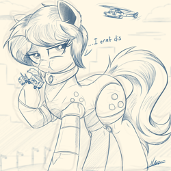 Size: 2048x2048 | Tagged: safe, artist:ncmares, oc, oc only, oc:ultramare, earth pony, pony, commission, dialogue, eating, female, food, giant pony, helicopter, macro, mare, monochrome, oats, sketch, truck