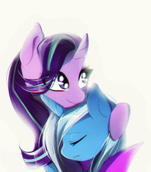 Size: 438x500 | Tagged: safe, artist:skyeypony, derpibooru import, starlight glimmer, trixie, pony, unicorn, curved horn, eyes closed, female, hug, lesbian, mare, shipping, simple background, smiling, startrix, white background