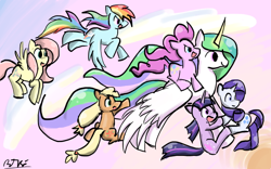 Size: 640x400 | Tagged: safe, artist:bodolsezters14, applejack, fluttershy, pinkie pie, princess celestia, rainbow dash, rarity, twilight sparkle, alicorn, earth pony, pegasus, pony, unicorn, mane six, ponies riding ponies, riding