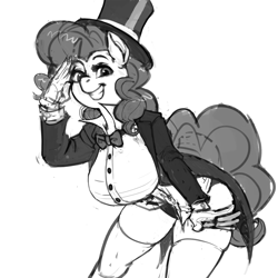 Size: 900x900 | Tagged: safe, artist:kevinsano, pinkie pie, anthro, bowtie, breasts, clothes, dapper, female, gloves, grayscale, hat, magician outfit, monochrome, pinkie pies, solo, tailcoat, top hat
