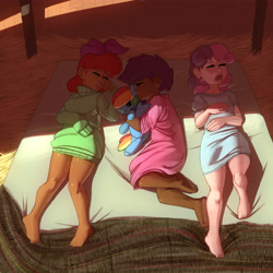 Size: 5000x5000 | Tagged: safe, artist:kevinsano, apple bloom, rainbow dash, scootaloo, sweetie belle, human, barefoot, barn, blanket, bottomless, breasts, clothes, cutie mark crusaders, dark, dark skin, delicious flat chest, diversity, eyes closed, feet, flatie belle, freckles, hay, hug, humanized, light skin, moderate dark skin, nightgown, on back, on side, open mouth, plushie, sleeping, sweater dress, young