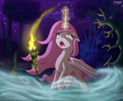 Size: 1200x984 | Tagged: safe, artist:bonaxor, princess celestia, alicorn, pony, female, magic, scared, swamp, young