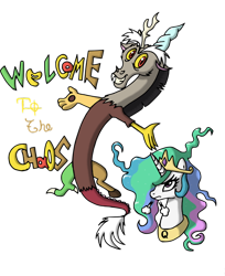 Size: 500x614 | Tagged: safe, artist:quarium, discord, princess celestia, alicorn, pony, chaos, frizzled, mane