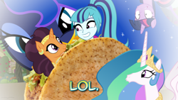 Size: 1366x768 | Tagged: safe, princess celestia, princess luna, saffron masala, sonata dusk, twilight sparkle, pony, equestria girls, bored, dream, dream walker celestia, food, giant pony, it's a joke guys seriously, looking at each other, macro, manip, mega luna, taco, wat, why