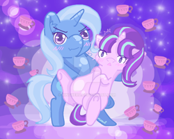 Size: 1024x819 | Tagged: safe, artist:kingkero, derpibooru import, starlight glimmer, trixie, pony, unicorn, blushing, cup, ear fluff, female, lesbian, mare, shipping, startrix