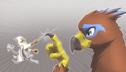 Size: 3600x2070 | Tagged: safe, artist:mykegreywolf, oc, oc only, oc:der, oc:saewin, griffon, commission, cute, fight, griffon oc, looking at each other, micro, toothpick, weapon