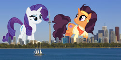 Size: 2800x1400 | Tagged: safe, artist:reginault, artist:sketchmcreations, artist:theotterpony, rarity, saffron masala, pony, boat, building, giant pony, giant saffron masala, giant unicorn, irl, macro, photo, ponies in real life, raffron, toronto