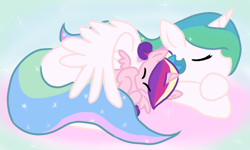 Size: 1000x600 | Tagged: safe, artist:lourita-shine, princess cadance, princess celestia, alicorn, pony, filly, sleeping