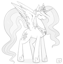 Size: 1200x1220 | Tagged: safe, artist:japananon, artist:昔の傷口, princess celestia, alicorn, pony, black and white, grayscale, monochrome, solo