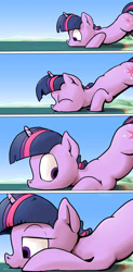 Size: 1920x3896 | Tagged: safe, artist:shieltar, part of a series, part of a set, twilight sparkle, unicorn twilight, pony, unicorn, comic:giant twilight, comic, crouching, drinking, giant pony, giantess, growth, macro, ocean, solo