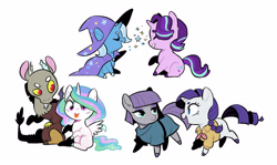 Size: 2541x1512 | Tagged: safe, artist:kianamai, derpibooru import, discord, maud pie, princess celestia, rarity, starlight glimmer, trixie, alicorn, draconequus, earth pony, pegasus, pony, unicorn, chibi, clothes, cute, cutelestia, derp, discute, dislestia, female, kilalaverse ii, lesbian, male, mare, maudabetes, rarimaud, shipping, sillestia, silly, silly pony, simple background, startrix, straight, tongue out, white background