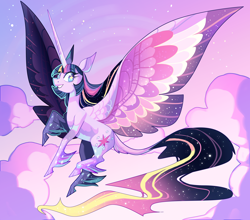 Size: 3500x3084 | Tagged: safe, artist:frogbians, twilight sparkle, twilight sparkle (alicorn), alicorn, classical unicorn, pony, unicorn, cloud, cloudy, cloven hooves, ethereal mane, female, flying, large wings, leonine tail, long horn, majestic, mare, older, rainbow power, solo, starry eyes, unshorn fetlocks, wingding eyes, wings