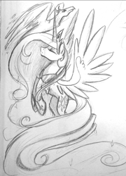 Size: 631x878 | Tagged: safe, artist:probablyfakeblonde, philomena, princess celestia, alicorn, pony, monochrome, sketch, solo, traditional art