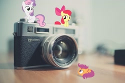 Size: 2726x1805 | Tagged: safe, artist:rustynugget616, apple bloom, scootaloo, sweetie belle, pony, camera, cutie mark crusaders, irl, micro, photo, ponies in real life, tiny ponies