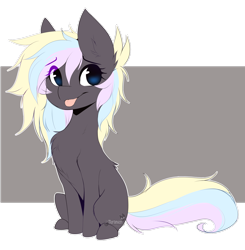 Size: 2422x2476 | Tagged: safe, artist:teranen, oc, oc only, oc:ice trio, earth pony, pony, :p, back fluff, chest fluff, colored pupils, cute, ear fluff, eye clipping through hair, female, fluffy, leg fluff, looking at you, mare, no iris, ocbetes, rainbow hair, simple background, sitting, smiling, solo, tongue out, transparent background