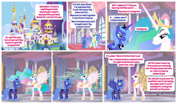 Size: 1450x850 | Tagged: safe, artist:voodoo-tiki, princess celestia, princess luna, alicorn, pony, bald, comic, hologram, s1 luna