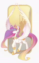 Size: 2107x3396 | Tagged: dead source, safe, artist:antiander, princess celestia, alicorn, pony, canterlot, frame, high res, long tail, raised hoof, solo, spread wings, unshorn fetlocks