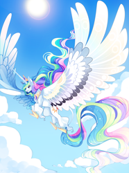 Size: 2858x3850 | Tagged: safe, artist:frogbians, princess celestia, alicorn, classical unicorn, pony, unicorn, cloud, cloudy, cloven hooves, colored wings, crown, female, flying, hoof shoes, impossibly large horn, impossibly large wings, jewelry, large wings, lens flare, leonine tail, majestic, mare, regalia, sky, smiling, solo, spread wings, sun, unshorn fetlocks, wings