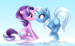 Size: 4800x2954 | Tagged: safe, artist:scarlet-spectrum, derpibooru import, starlight glimmer, trixie, pony, unicorn, absurd resolution, blushing, boop, cute, female, lesbian, looking at each other, mare, noseboop, scrunchy face, shipping, sitting, smiling, startrix, underhoof