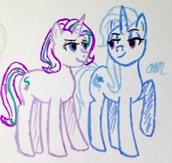 Size: 1280x1218 | Tagged: safe, artist:obiwan-kenobi, derpibooru import, starlight glimmer, trixie, pony, unicorn, female, lesbian, lidded eyes, mare, shipping, sketch, smiling, startrix, traditional art