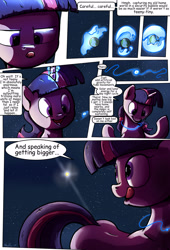 Size: 1920x2816 | Tagged: safe, artist:shieltar, part of a series, part of a set, twilight sparkle, unicorn twilight, pony, unicorn, comic:giant twilight, comic, cute, dialogue, giant pony, giantess, jewelry, macro, magic, necklace, planet, pony bigger than a planet, size difference, smiling, solo, space, stars, tangible heavenly object, tongue out