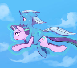 Size: 2068x1833 | Tagged: safe, artist:raikoh, derpibooru import, starlight glimmer, trixie, pony, unicorn, cloud, female, floppy ears, flying, lesbian, levitation, magic, mare, nervous, ponies riding ponies, self-levitation, shipping, sky, startrix, telekinesis, windswept mane