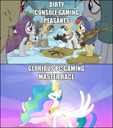 Size: 625x703 | Tagged: safe, princess celestia, alicorn, pony, computer, female, glorious master race, image macro, male, mare, peasant, pun, stallion, text, video game, zero punctuation