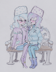 Size: 1260x1613 | Tagged: safe, artist:marta4708, derpibooru import, starlight glimmer, trixie, human, bench, blushing, boots, clothes, female, hat, humanized, jacket, lesbian, pants, shipping, startrix, traditional art, winter